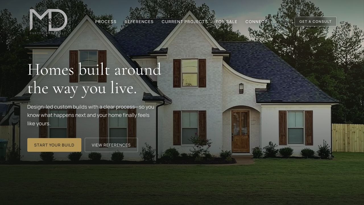 M and D Custom Homes website homepage preview